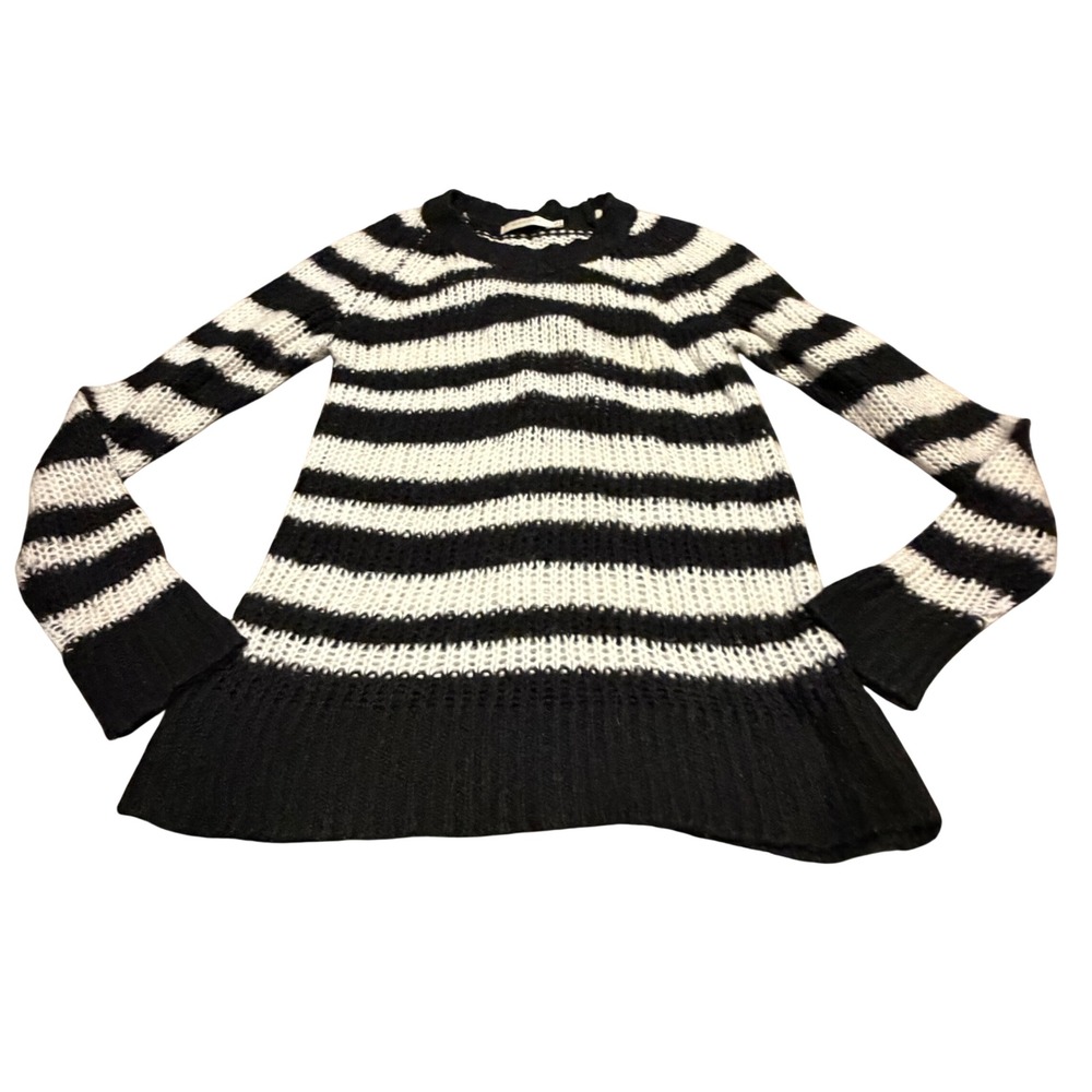 Minkpink Womens XS Black White‎ Striped 100% Mohair Open Knit Fuzzy Sweater
